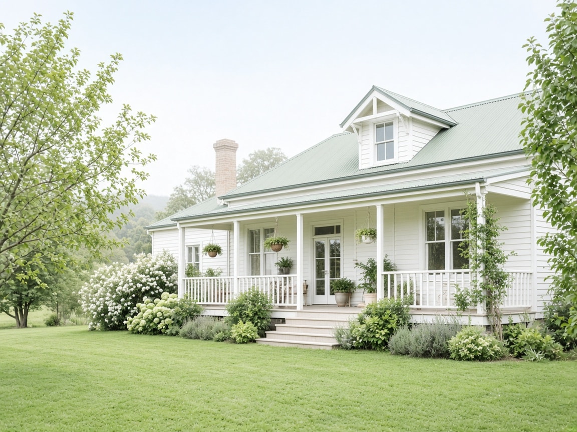 Bright white farmhouse with green lawn and garden